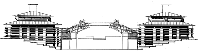 North-south section showing two pavilions