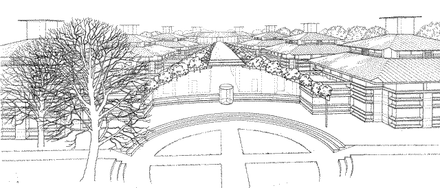 A perspective sketch showing the proposed new buildings.
